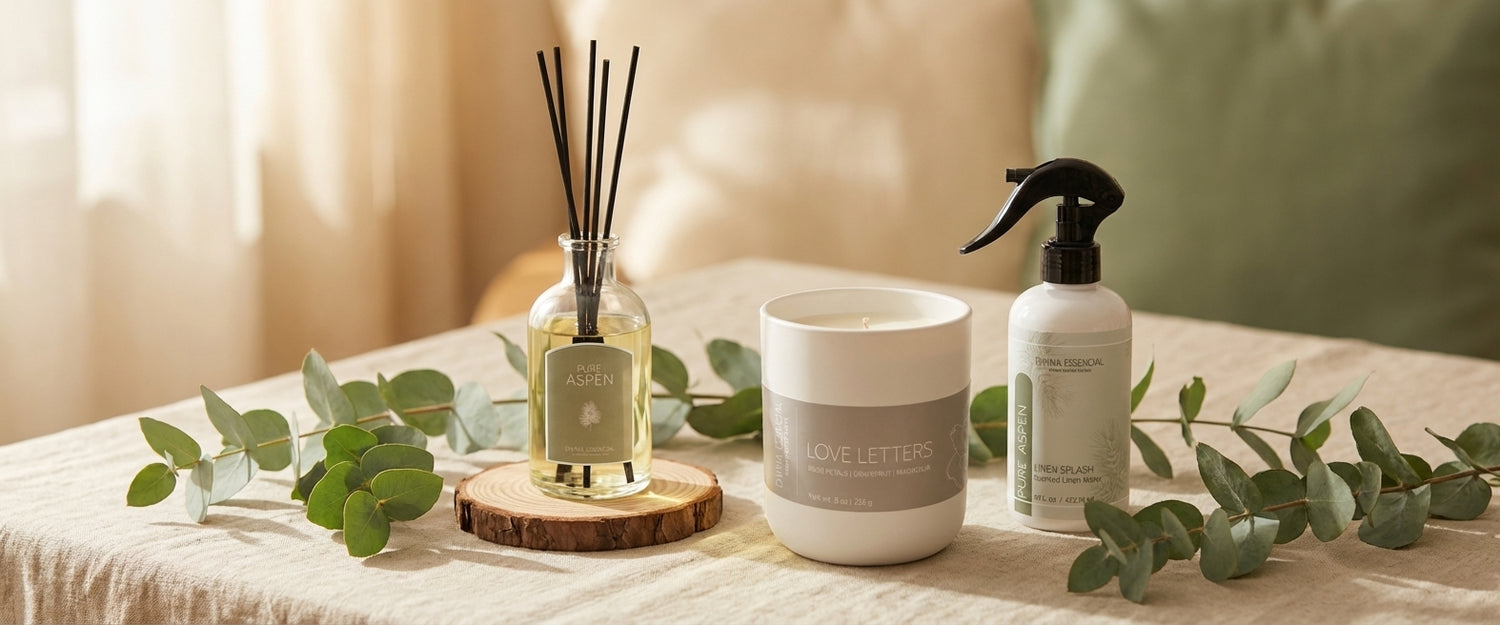 Divina Esencial Best Sellers - Pure Aspen Reed Diffuser, Love Letters Candle, and Pure Aspen Linen Splash