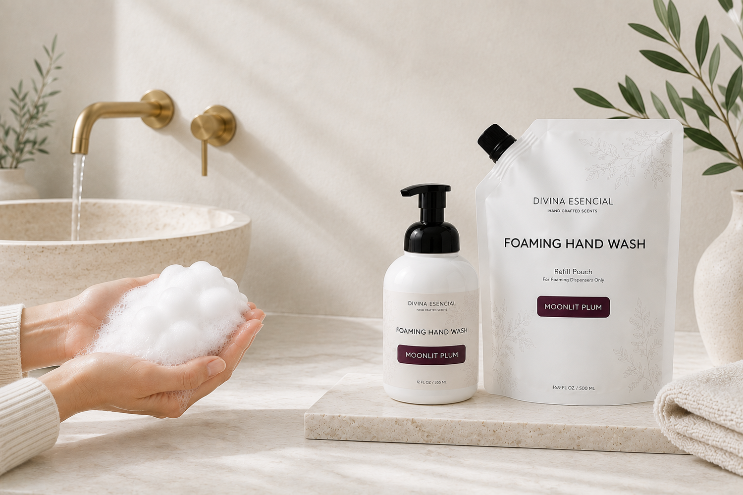 Divina Esencial Citrus Twilight Foaming Hand Wash dispensing rich foam in a luxury bathroom setting.
