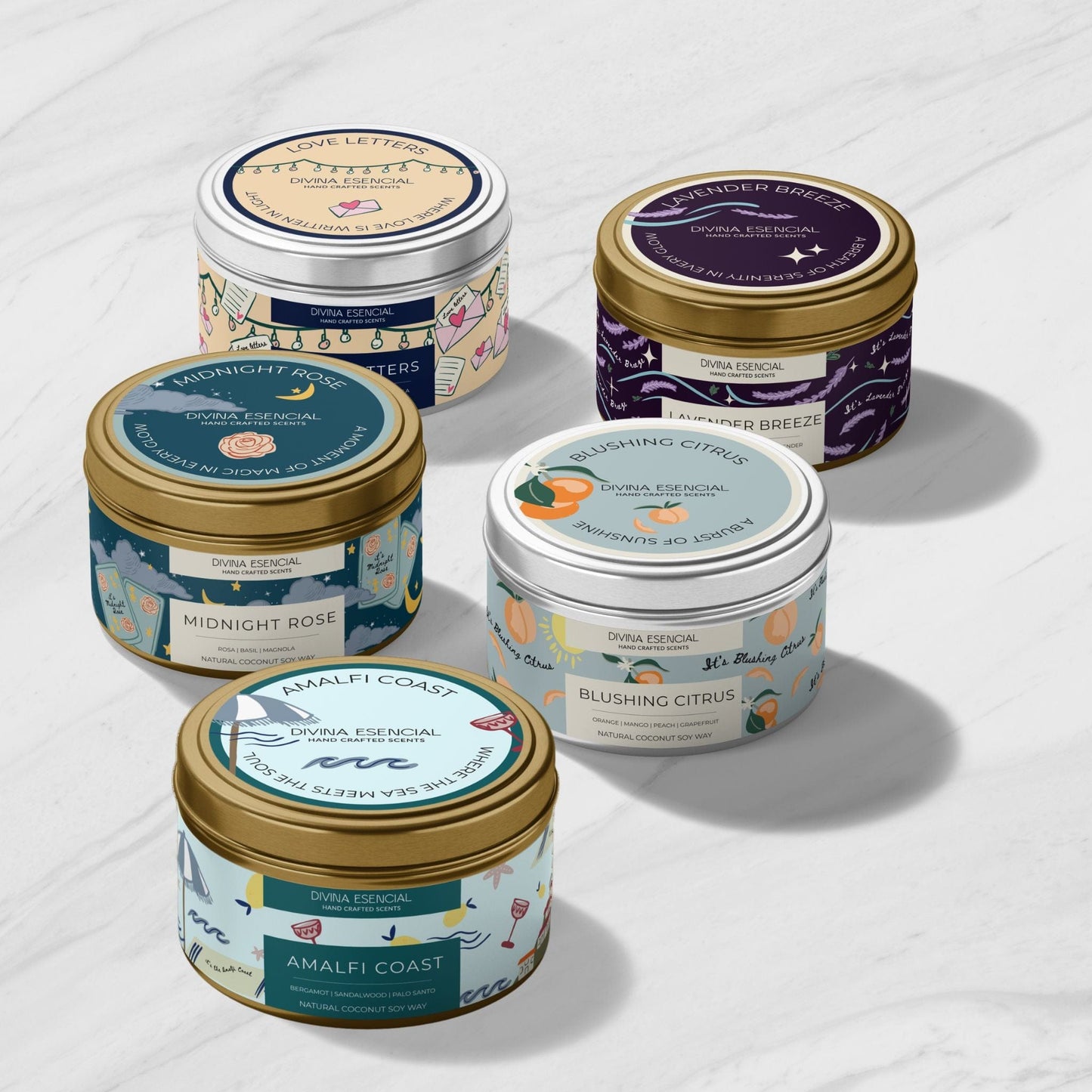 Amalfi Coast 4oz Candle - Coconut Soy Wax - Gold/Silver Tin + Canvas Bag