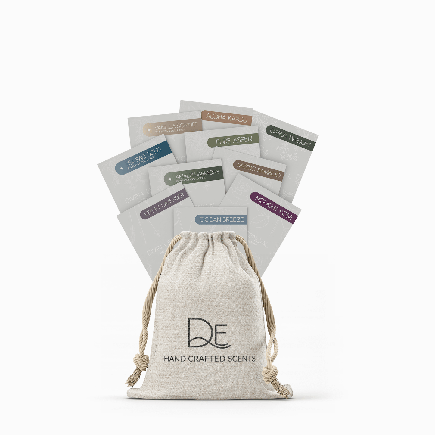 Sample Card Reed Diffuser Set with 10 Scents in Eco-Friendly Canvas Bag