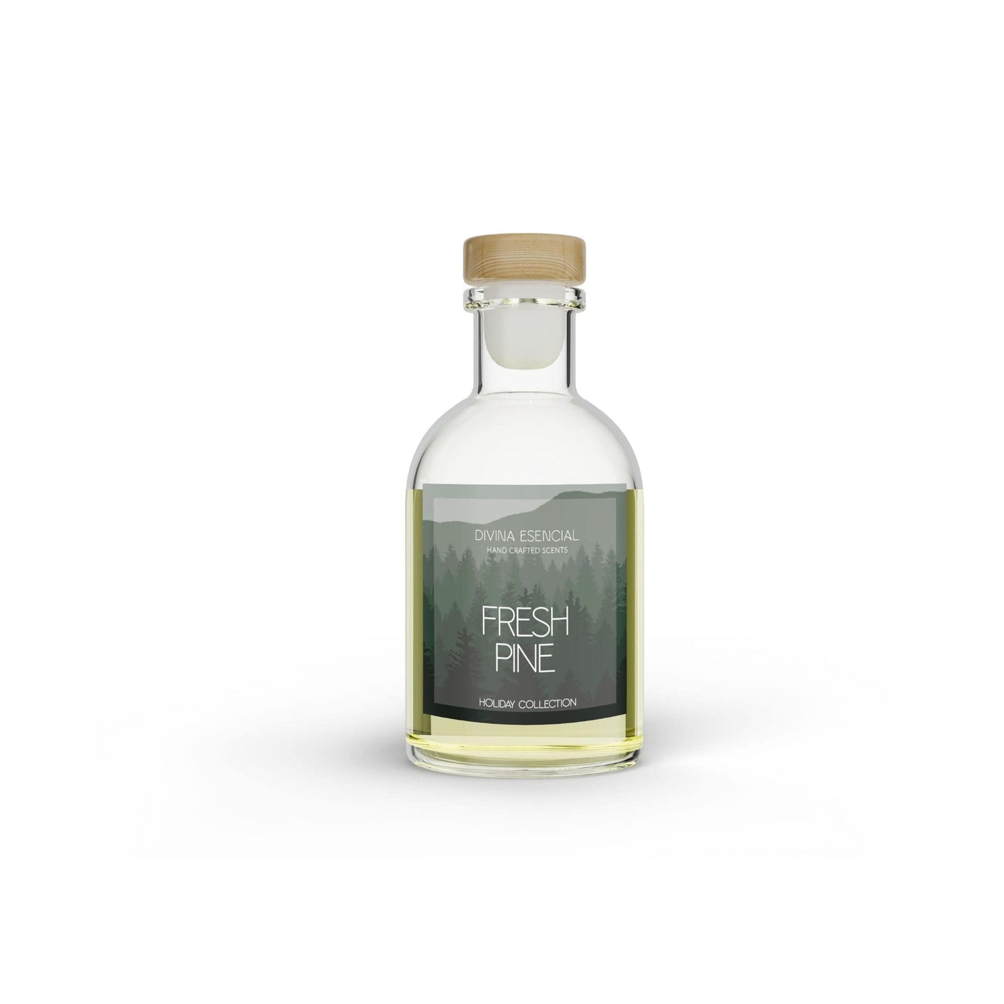 Bottle of 'Fresh Pine' essential oil with a label on a white background