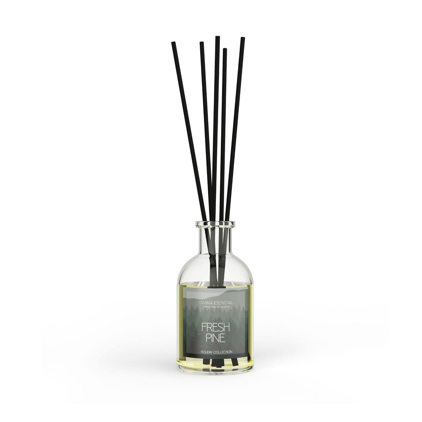 Diffuser bottle with black sticks labeled 'Fresh Pine' on a white background
