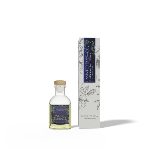 Bottle and box of 'Winter Embrace' essential oil on a white background