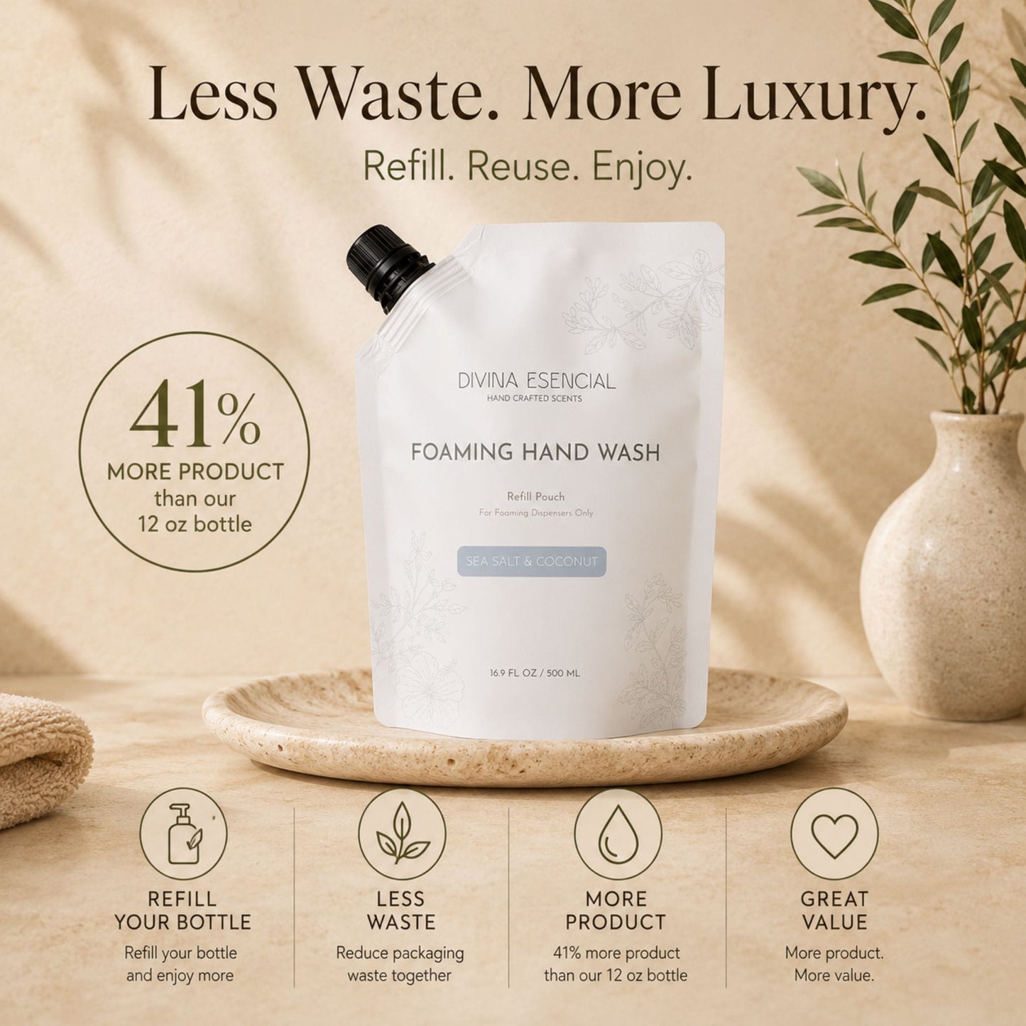 Refillable foaming hand wash bottle with sustainability benefits on a neutral background