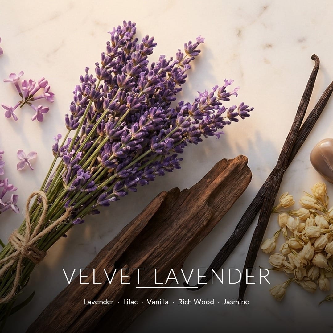 Velvet Lavender scent notes - fragrance ingredients flat lay