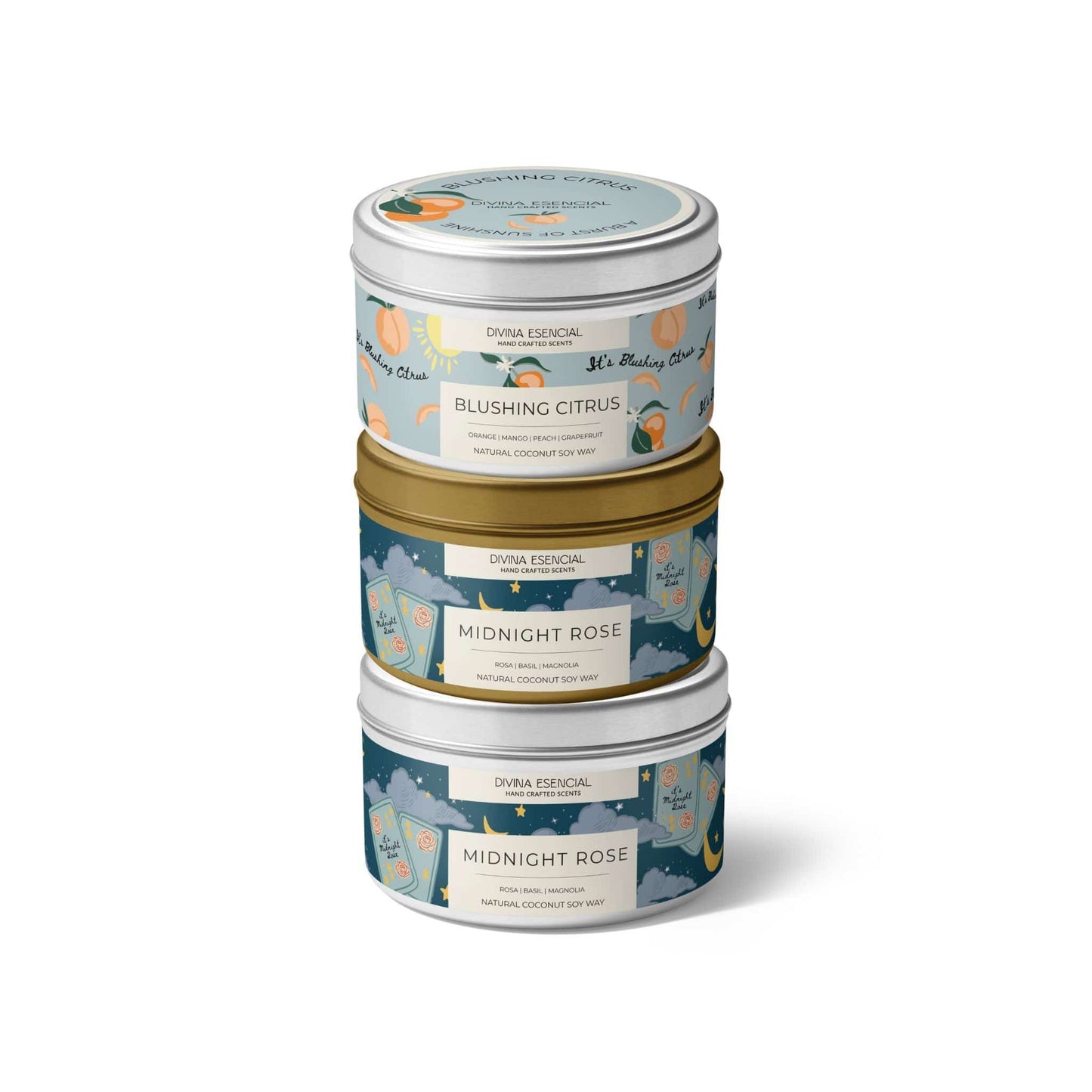 4oz Candle Trio: Blushing Citrus & Midnight Rose (Silver & Gold Tins)