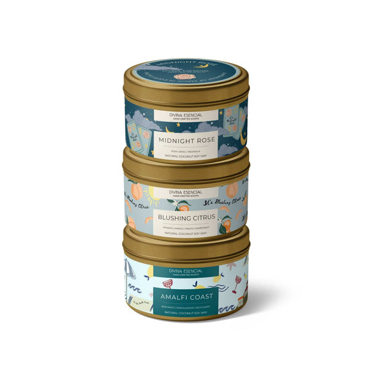 4oz Candle Trio: Midnight Rose, Blushing Citrus & Amalfi Coast - Gold Tins