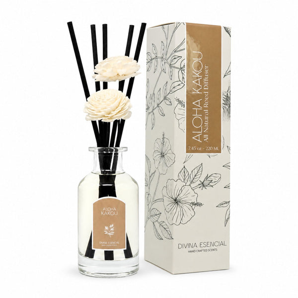 Aloha Kanui diffuser with flowers and packaging on a white background