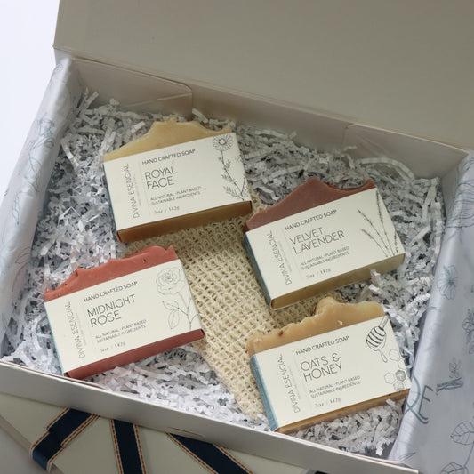 Artisan Soap 4-Piece Gift Set - Royal Face, Midnight Rose, Velvet Lavender, Oats & Honey with sisal pouch