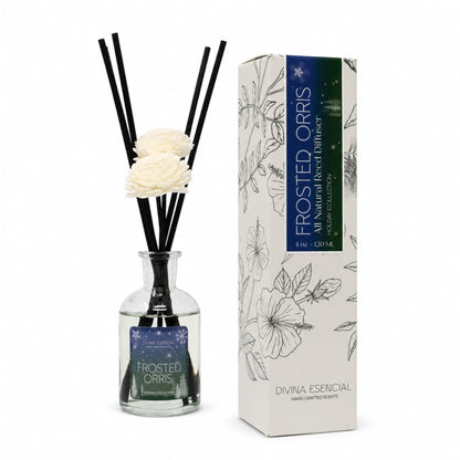 Frosted Orris reed diffuser bottle with black reeds and two white flower pieces, shown next to its white and green packaging box on a white background.
