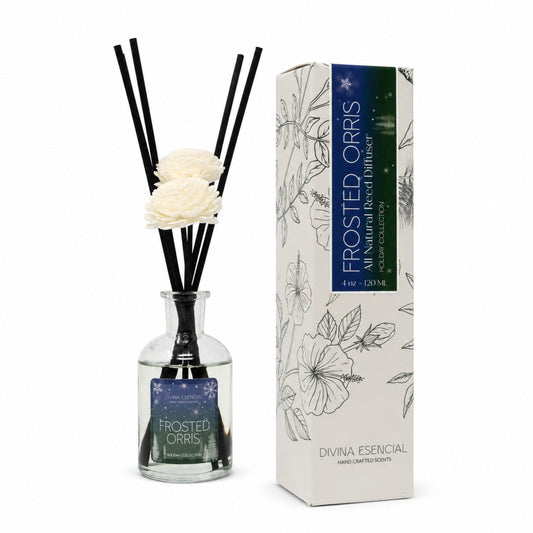 Frosted Orris reed diffuser bottle with black reeds and two white flower pieces, shown next to its white and green packaging box on a white background.