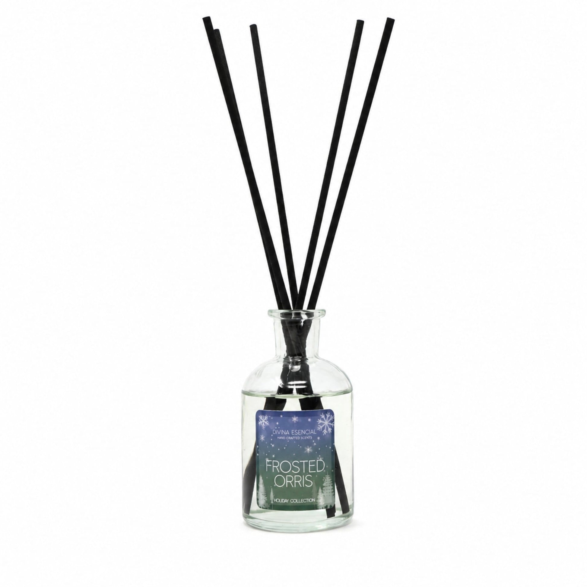 A reed diffuser bottle with a clear glass container, black reeds, and a frosted orange scent label, shown on a plain white background.