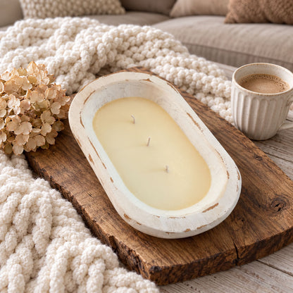 Holiday 3-Wick Dough Bowl Candle – White Wooden Bowl