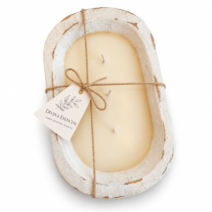 Holiday 3-Wick Dough Bowl Candle – White Wooden Bowl