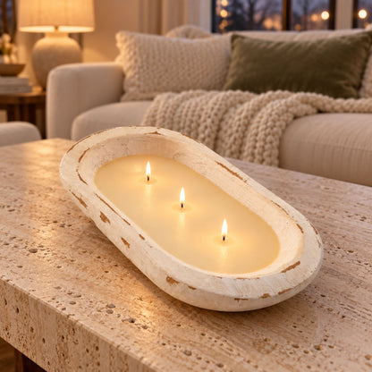 Holiday 3-Wick Dough Bowl Candle – White Wooden Bowl