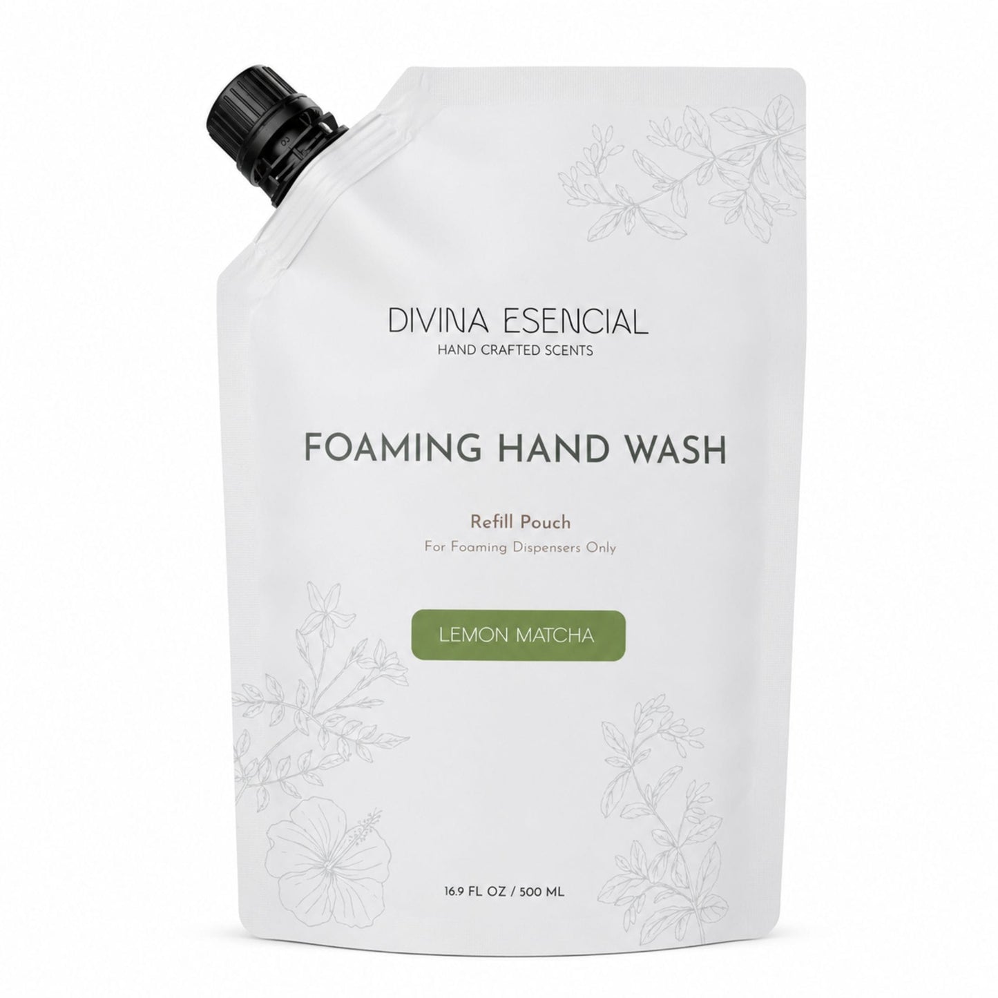 Refill pouch of Divina Esencial Foaming Hand Wash with lemon matcha scent on a white background