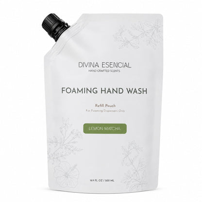 Refill pouch of Divina Esencial Foaming Hand Wash with lemon matcha scent on a white background
