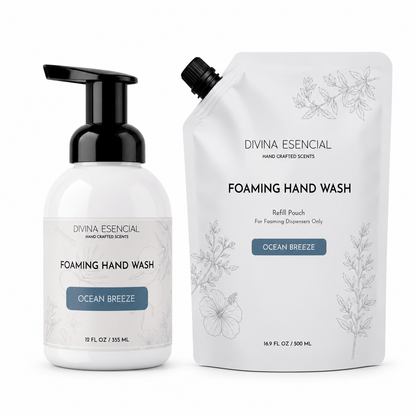 Divina Esiencial Foaming Hand Wash set showing a 16.9 fl oz pump bottle and its matching 16.