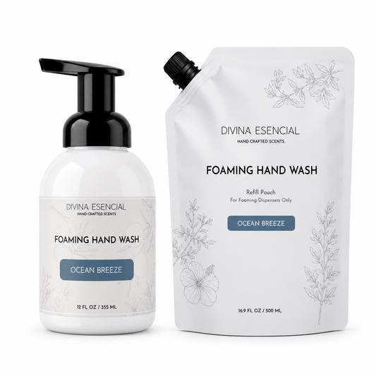 Divina Esiencial Foaming Hand Wash set showing a 16.9 fl oz pump bottle and its matching 16.