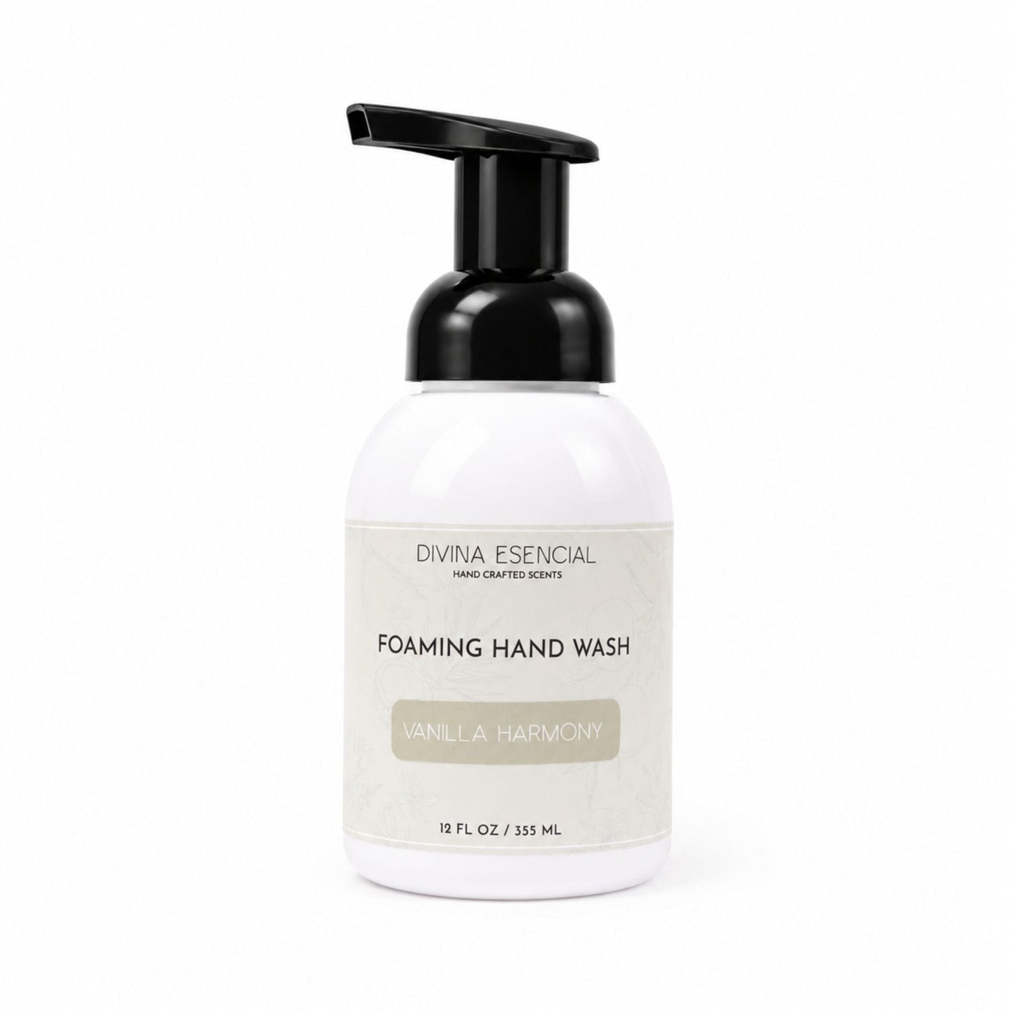 A white bottle of Divina Eesencial Foaming Hand Wash with a black pump dispenser and a cream-colored label, set against a plain white background.