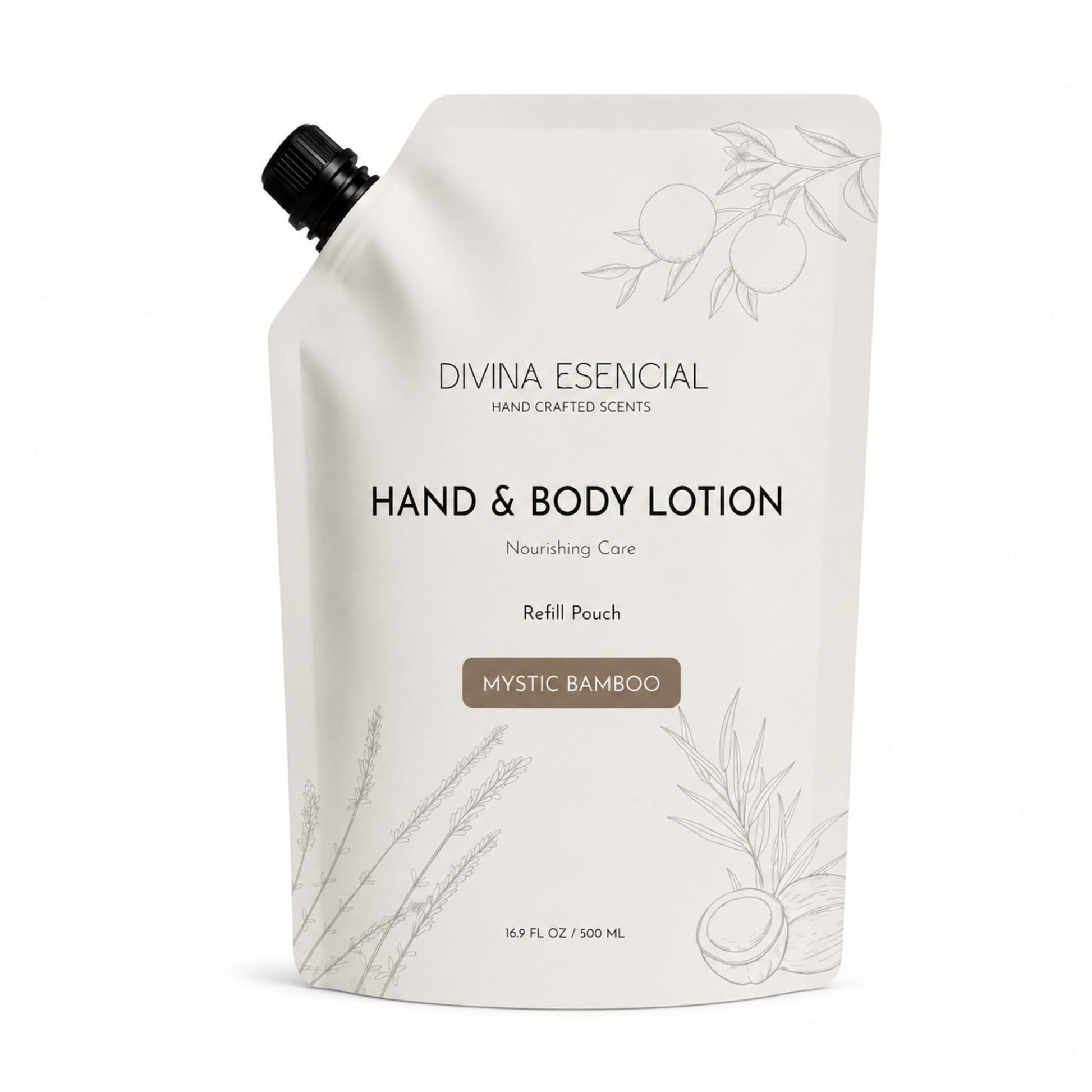 A white refill pouch of Divina Escencial Hand & Body Lotion with a black cap, featuring 'Mystic Bamboo' scent details and botanical illustrations on a white background.