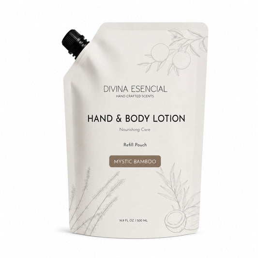 A white refill pouch of Divina Escencial Hand & Body Lotion with a black cap, featuring 'Mystic Bamboo' scent details and botanical illustrations on a white background.