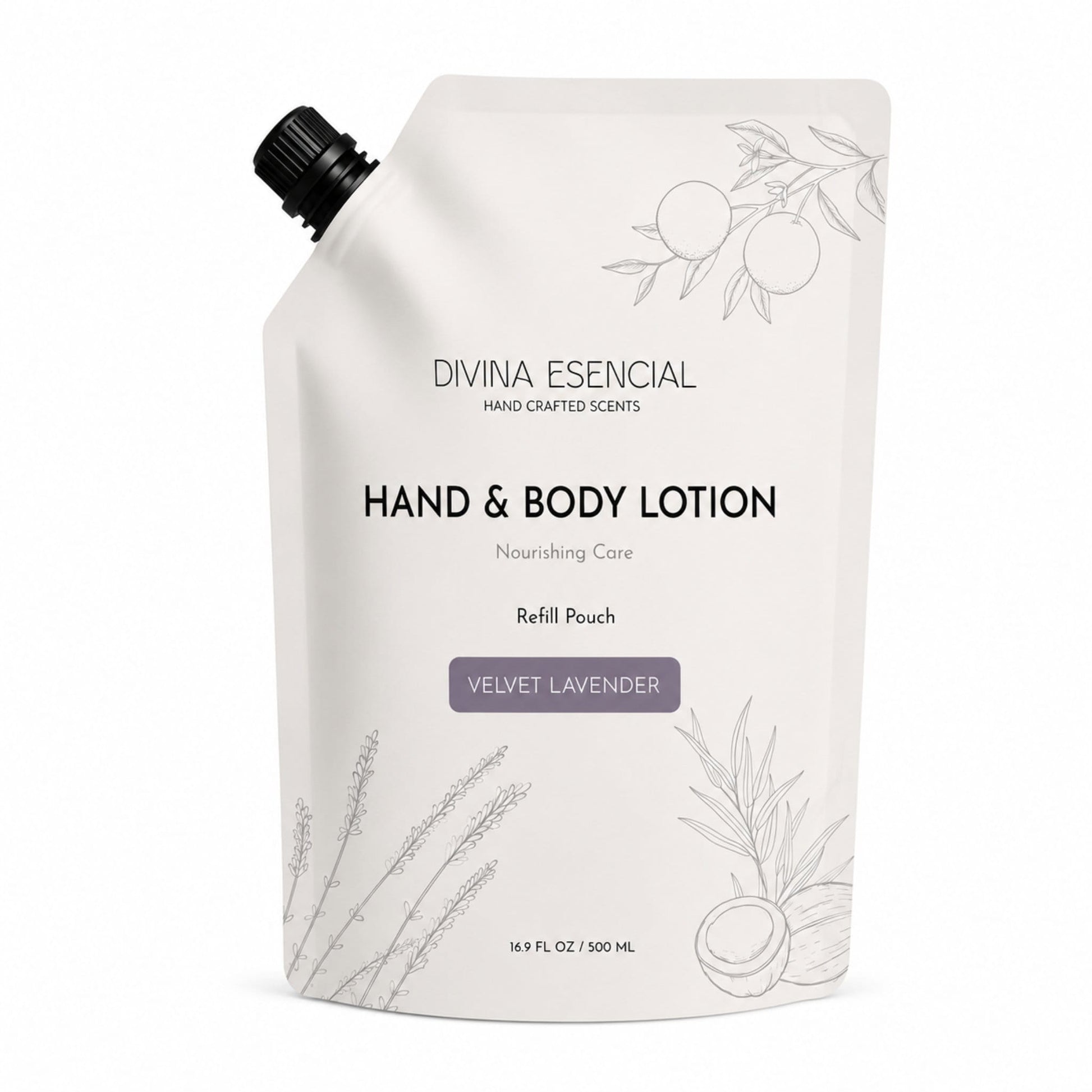 A white refill pouch of Divina Esencial Hand & Body Lotion in Velvet Lavender, featuring black text and delicate gray botanical illustrations of lavender and citrus on a white background.