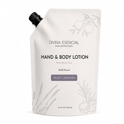A white refill pouch of Divina Esencial Hand & Body Lotion in Velvet Lavender, featuring black text and delicate gray botanical illustrations of lavender and citrus on a white background.