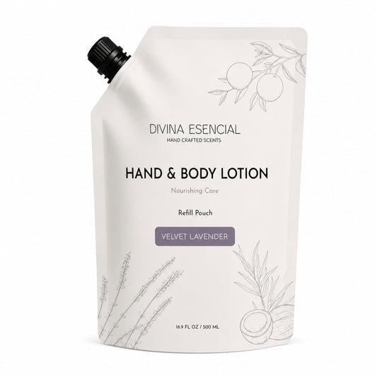 A white refill pouch of Divina Esencial Hand & Body Lotion in Velvet Lavender, featuring black text and delicate gray botanical illustrations of lavender and citrus on a white background.