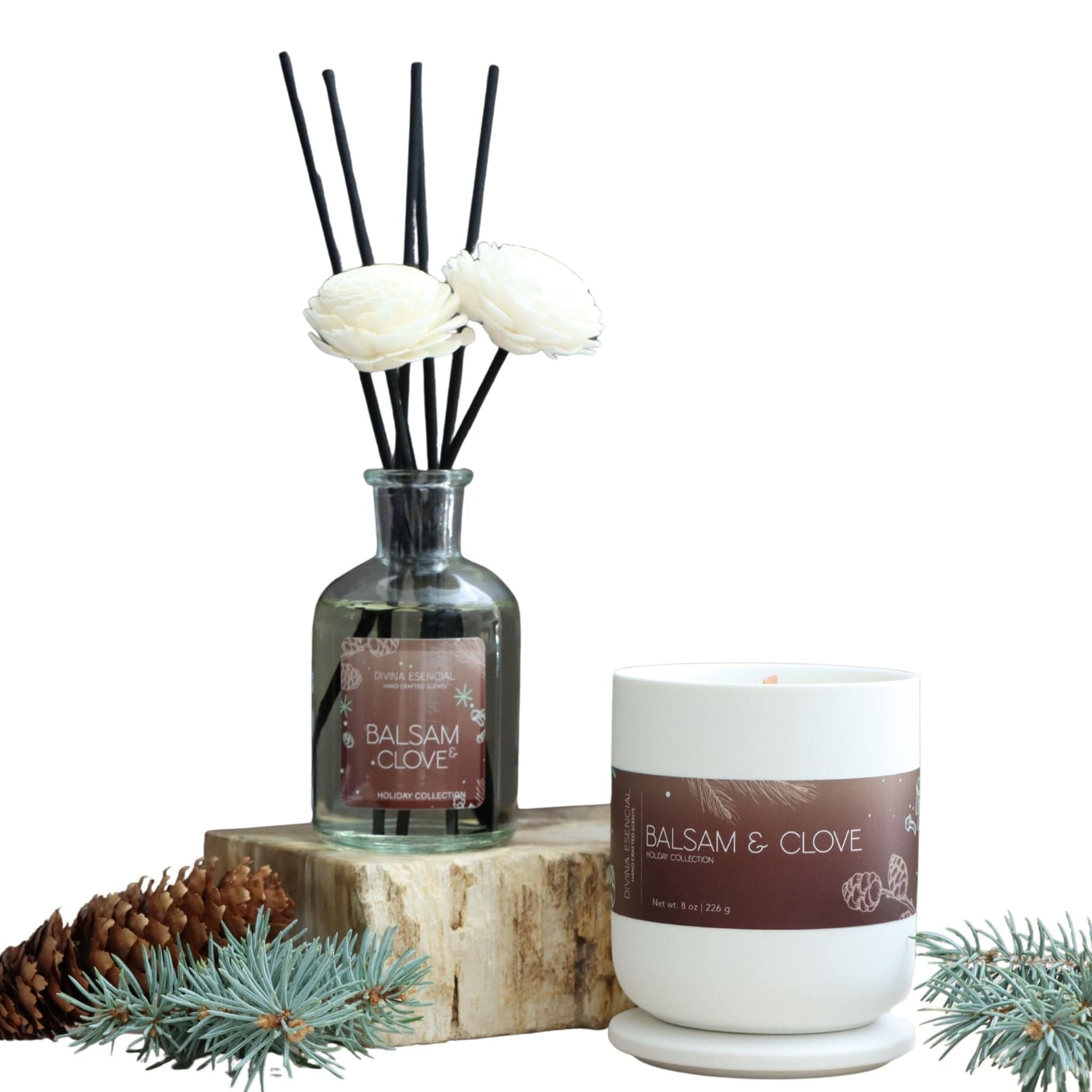 Balsam & Clove Candle & Diffuser Set in white gift box – warm balsam, clove, and cinnamon fragrance for a cozy holiday home