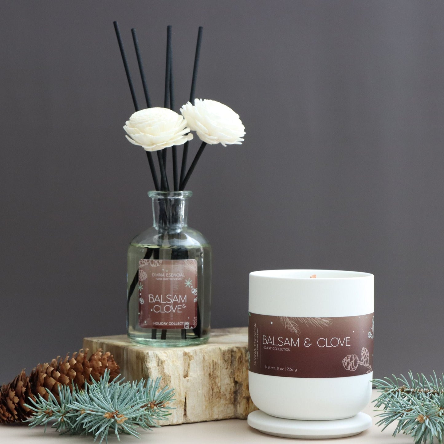 Divina Esencial Balsam & Clove holiday gift duo – handcrafted candle and reed diffuser with pine, citrus, and spice notes