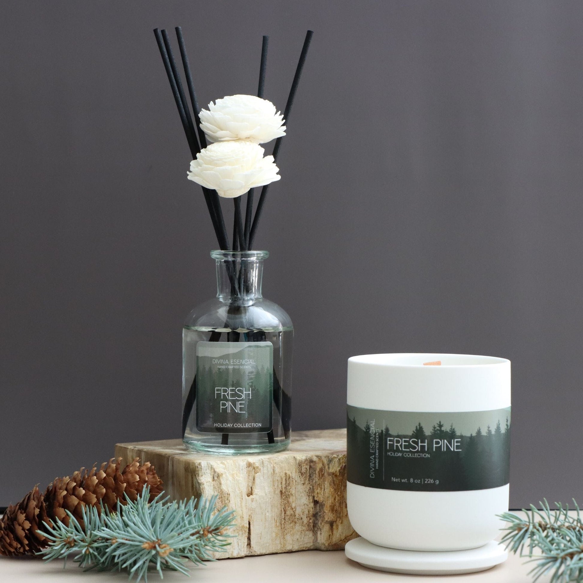 Divina Esencial Fresh Pine holiday gift duo – handcrafted candle and reed diffuser with crisp pine and forest aroma