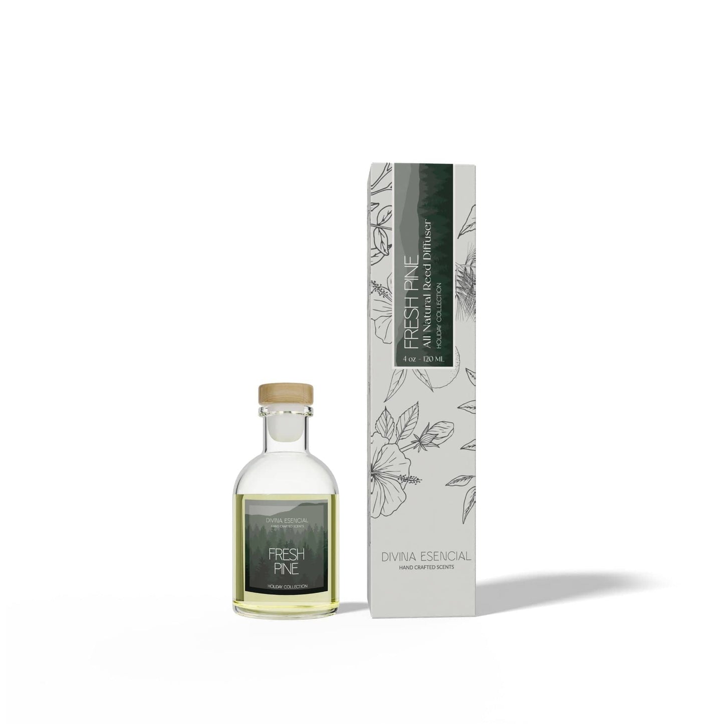 Bottle of 'Fresh Pine' essential oil with packaging on a white background
