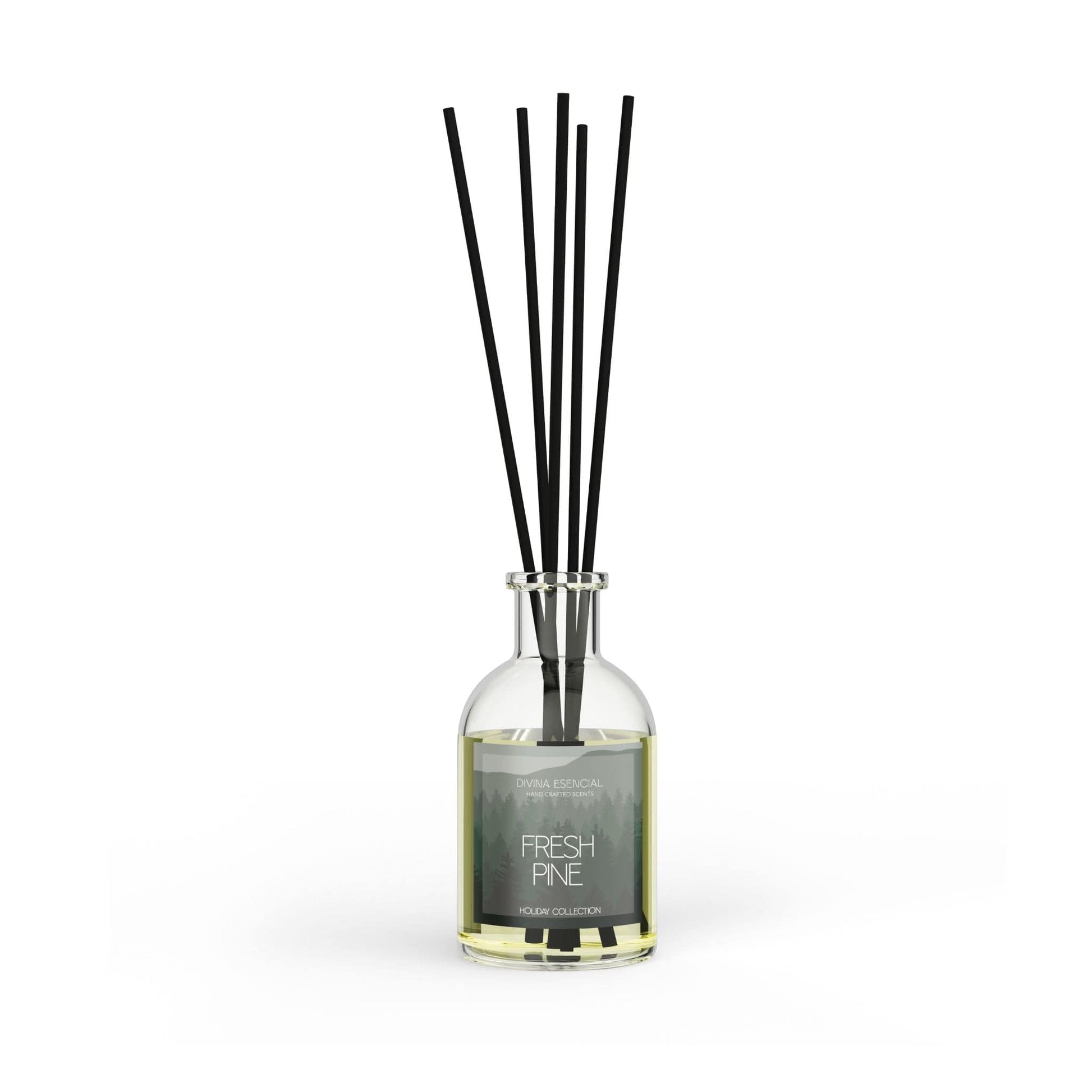 Diffuser bottle with black sticks labeled 'Fresh Pine' on a white background
