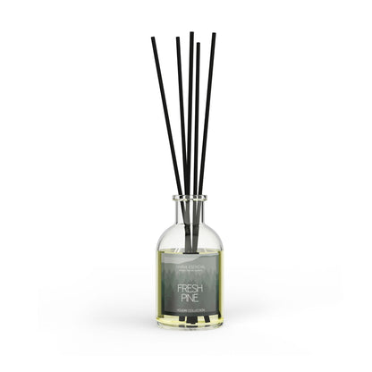 Diffuser bottle with black sticks labeled 'Fresh Pine' on a white background