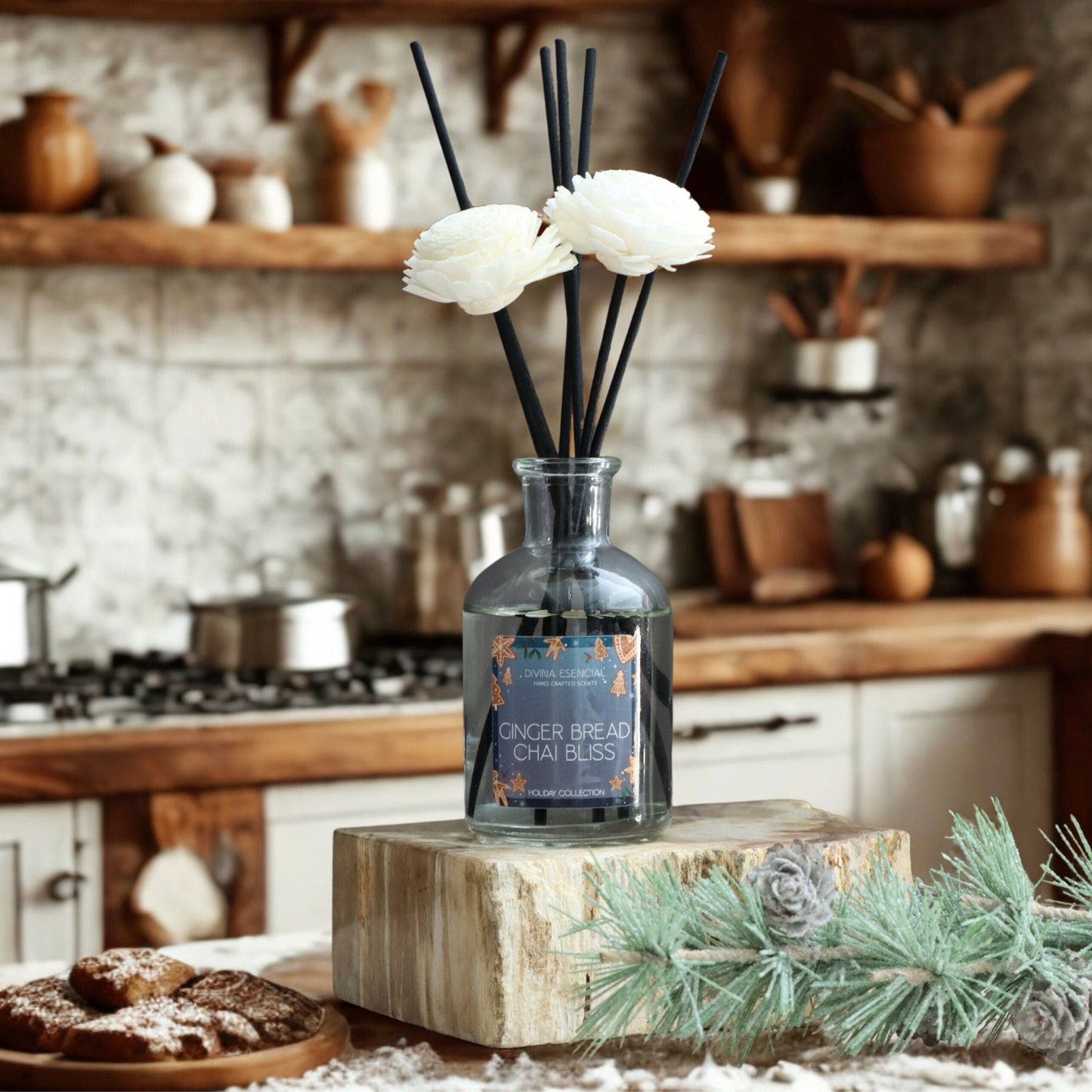 Gingerbread Chai Bliss Holiday Reed Diffuser with reeds – festive Christmas home fragrance styled with holiday décor