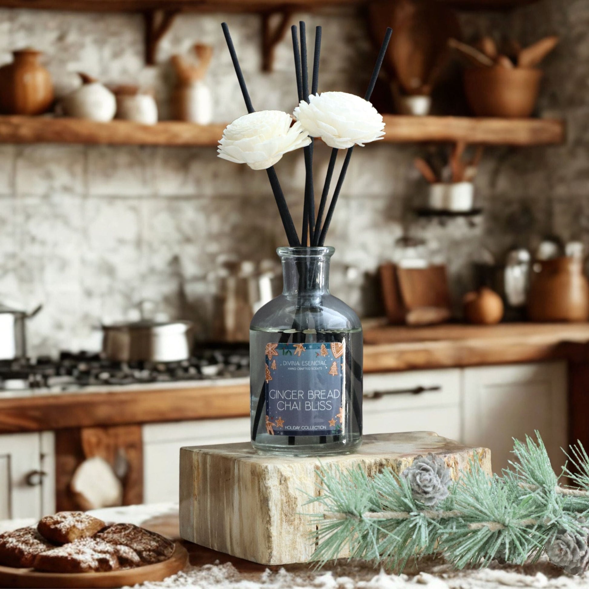 Gingerbread Chai Bliss Holiday Reed Diffuser with reeds – festive Christmas home fragrance styled with holiday décor