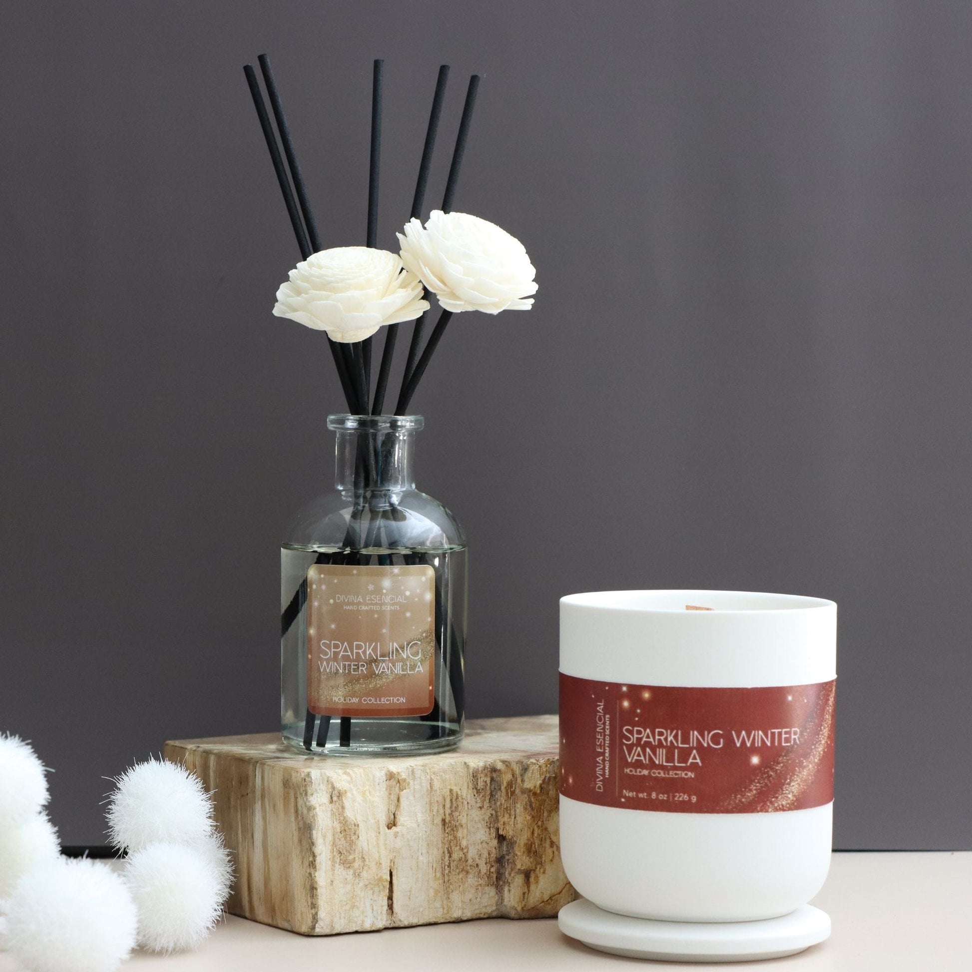 Divina Esencial Sparkling Vanilla holiday gift duo – candle and reed diffuser handcrafted with sweet floral vanilla scent