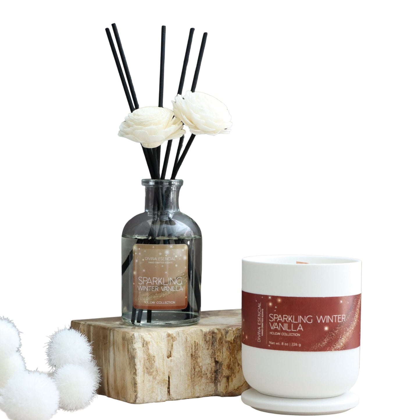 Sparkling Vanilla Candle & Diffuser Set in white gift box – warm vanilla and rose fragrance for an elegant holiday home