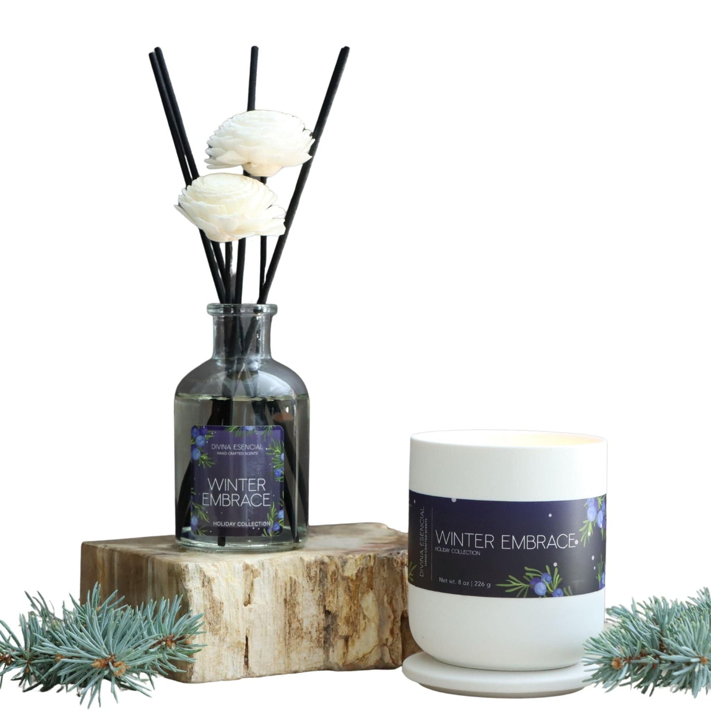 Winter Embrace Candle & Diffuser Set in white gift box – cozy pear and pine fragrance for a festive holiday home