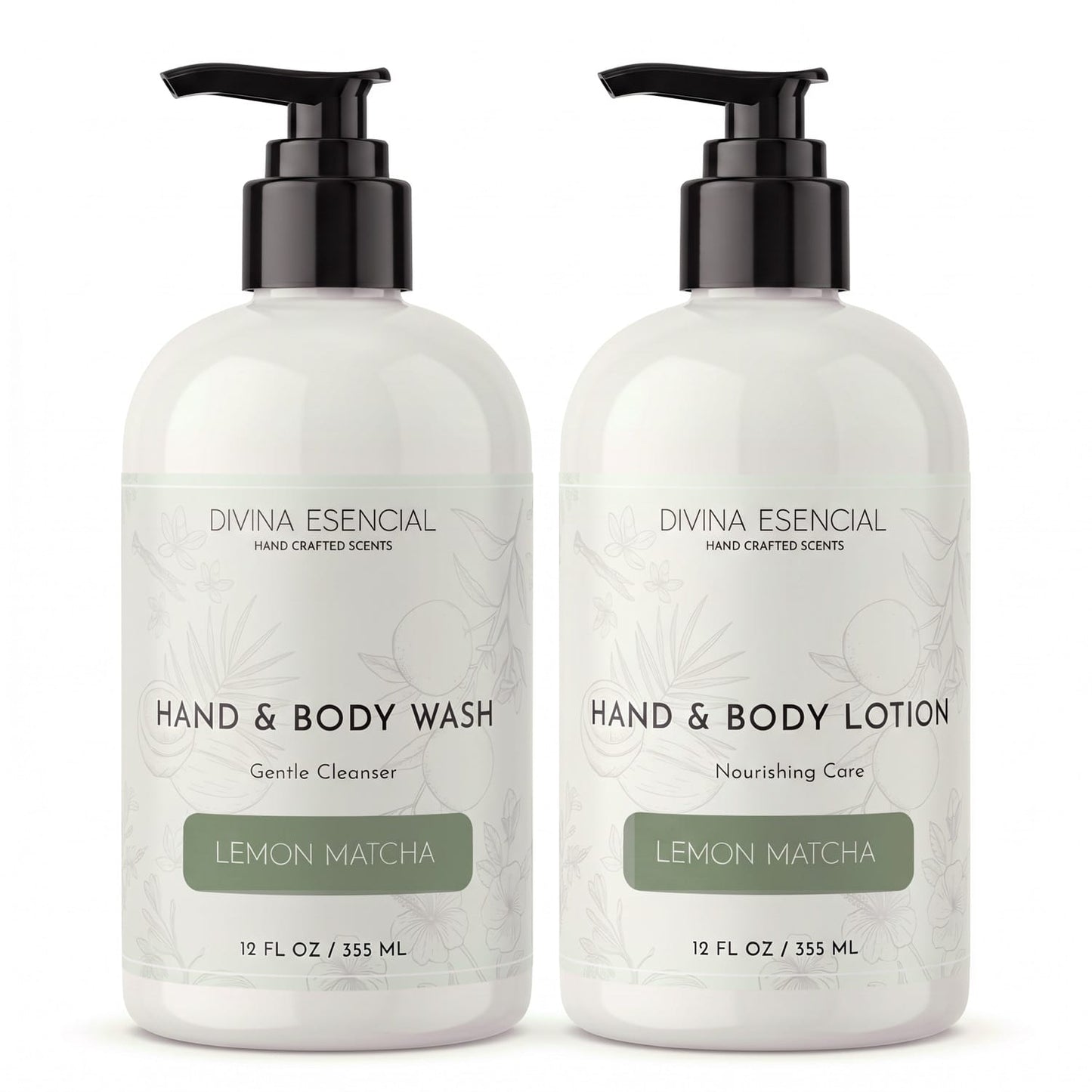 Divina Esencial Lemon Matcha Hand & Body Care Set - Hand & Body Wash and Lotion bottles on white background