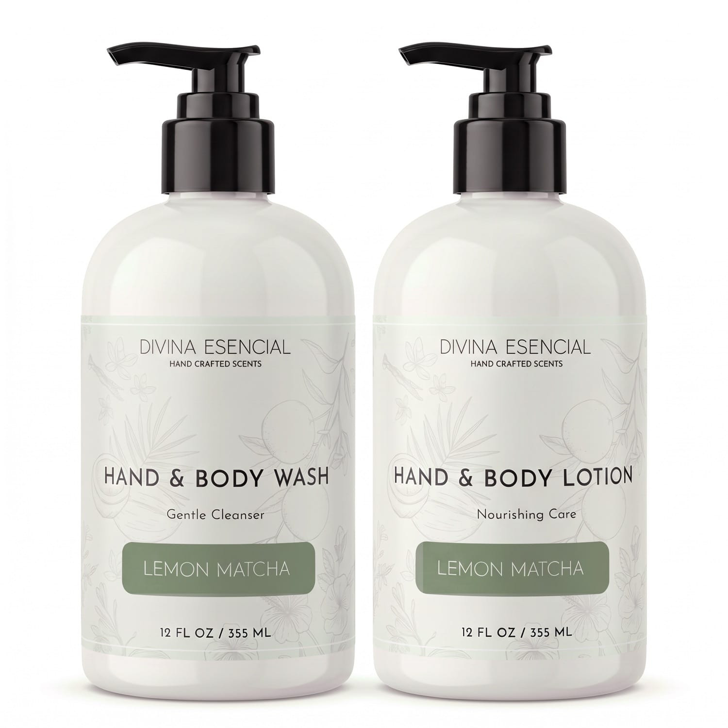 Divina Esencial Lemon Matcha Hand & Body Care Set - Hand & Body Wash and Lotion bottles on white background