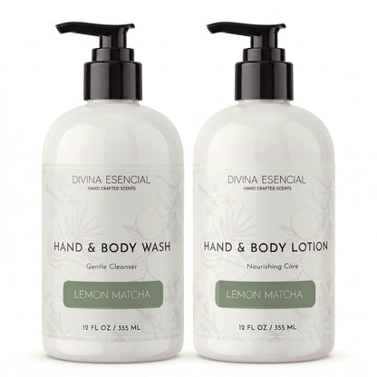 Divina Esencial Lemon Matcha Hand & Body Care Set - Hand & Body Wash and Lotion bottles on white background