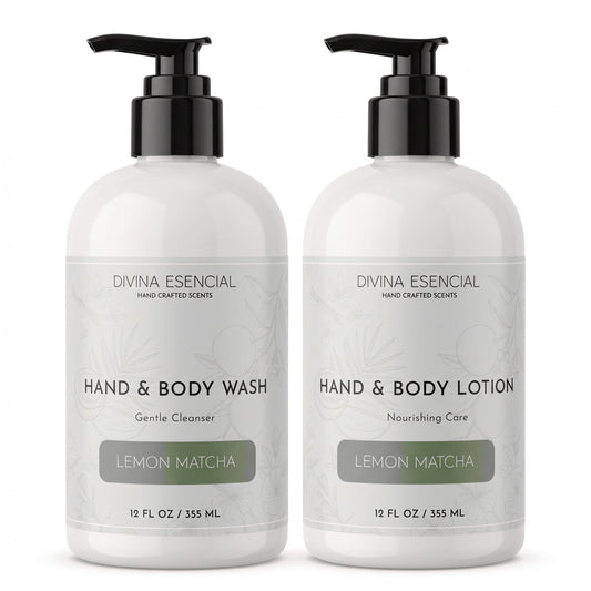 Two white pump bottles from Divina Esencial, one labeled Hand & Body Wash and the other Hand & Body Lotion, both in Lemon Matcha scent. The bottles are shown side-by-side on a clean white background.