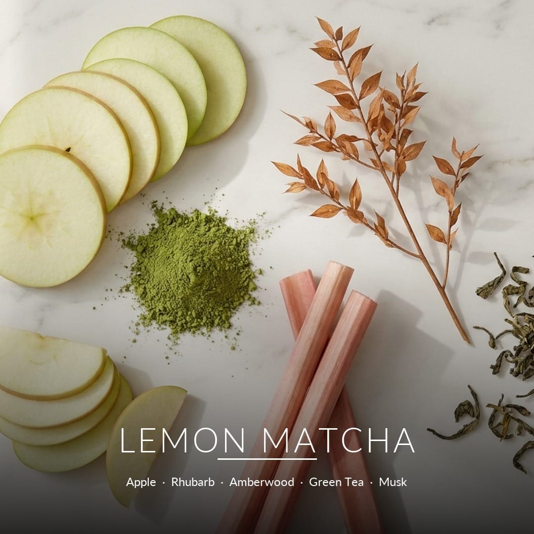 Lemon Matcha scent notes - fragrance ingredients flat lay