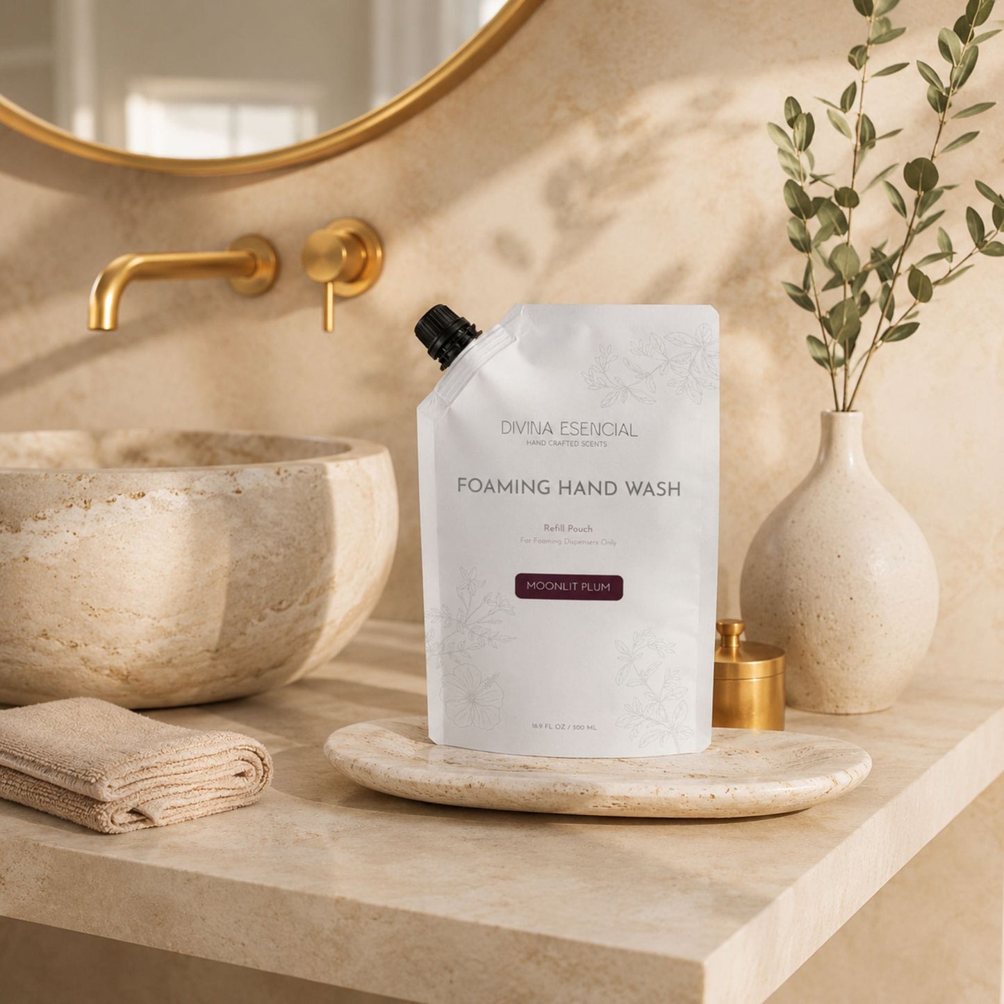 Foaming hand wash bottle on a marble countertop with a decorative mirror and plant in the background.