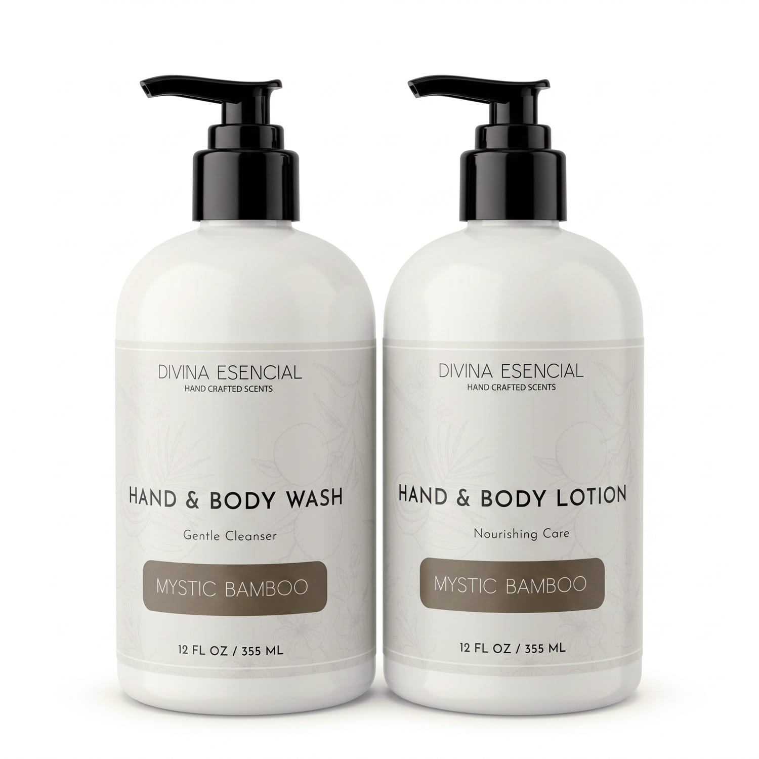 Divina Esencial Mystic Bamboo Hand & Body Care Set - Hand & Body Wash and Lotion bottles on white background