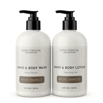 Divina Esencial Mystic Bamboo Hand & Body Care Set - Hand & Body Wash and Lotion bottles on white background