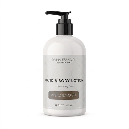 Hand and body lotion bottle with pump dispenser on a white background