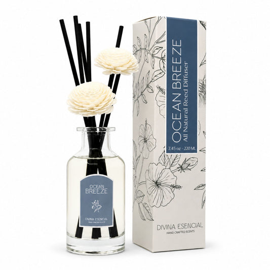 Ocean Breeze diffuser with flowers and packaging on a white background